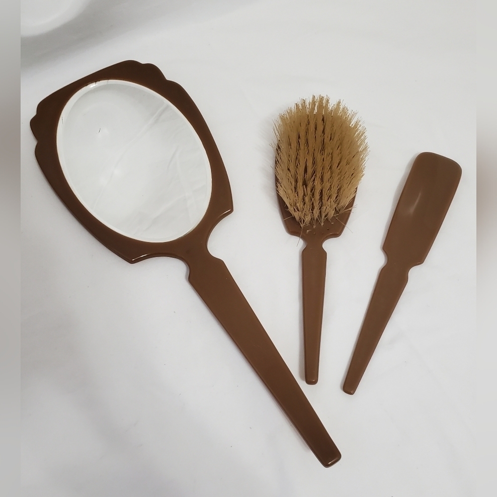 Vintage DuPont Lucite Vanity Set Mirror Brush Comb Floral Art Deco Boudoir - Picture 3 of 16